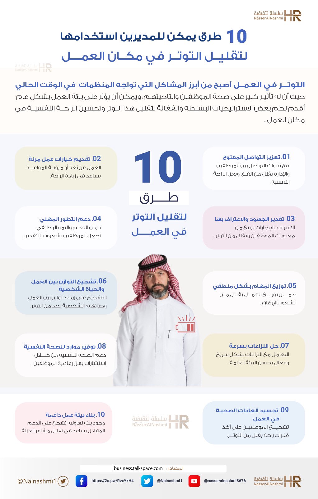 انفوجرافيك عن 10 طرق فعالة يمكن للمديرين استخدامها لتقليل التوتر في مكان العمل